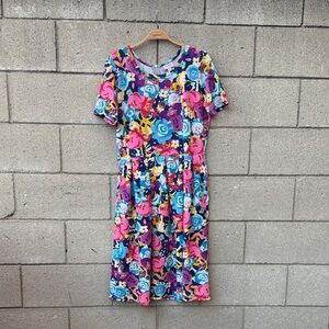 Colorful Floral Knee-Length Disney Dress in Pink, Blue & Purple